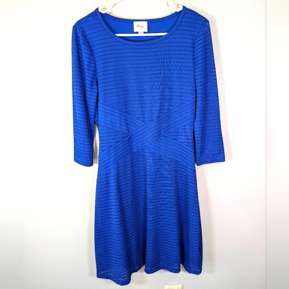 Beige by Eci blue dress with criss cross front lined size medium